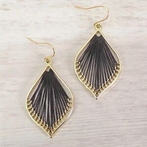 Black teardrop shape fashion earrings with black fabric center and gold finish
